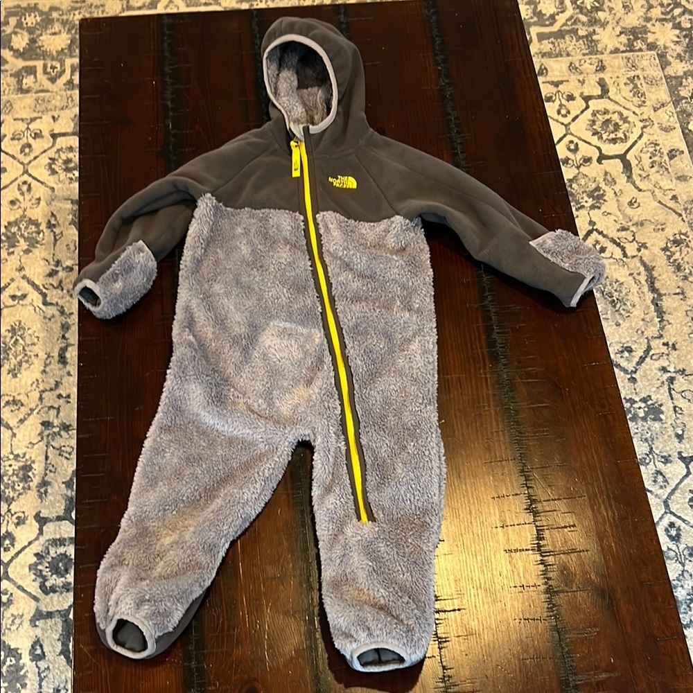 The North Face Gray and Yellow Footies with Hood and Fleece Material